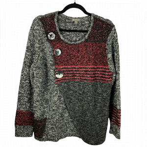 SPANNER Gray Red Wool Blend Button Wrap Knit Sweater XXL